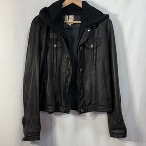 🔓jkt nyc jakett Women's Black Leather Jacket with removable Hood